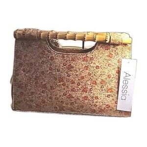 Alessia Bianchi Designer Cork Purse Clutch Floral Rose Bamboo Handle NWT